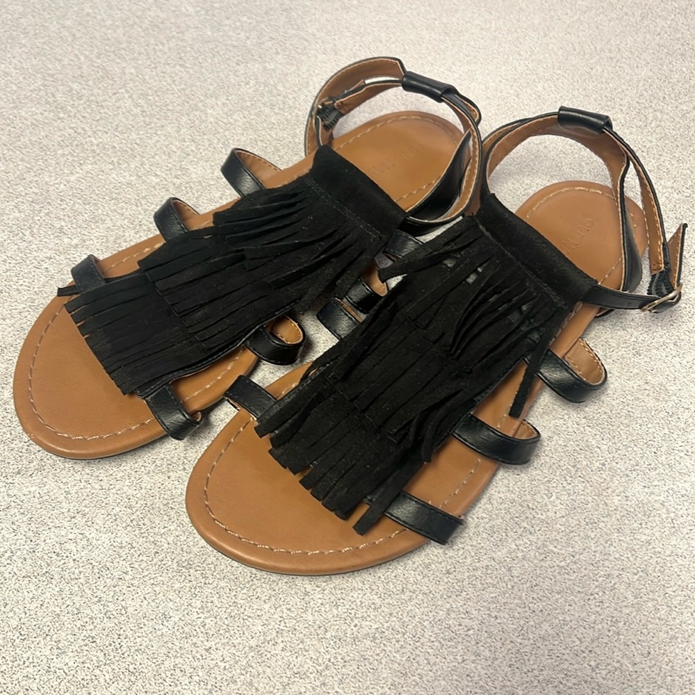 Old Navy Black Fringe Sandals with Ankle Strap